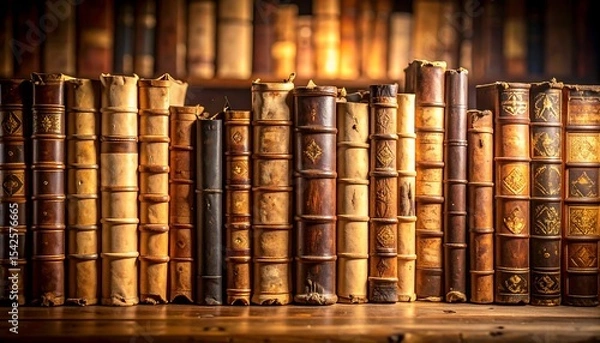 Fototapeta A row of antique, leather-bound books with ornate, weathered spines sit on a wooden shelf in a library.