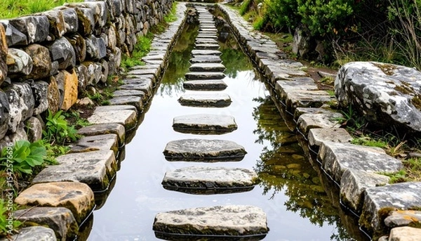 Fototapeta A rustic path of ancient stepping stones crosses calm, reflective water, bordered by an old stone wall and lush greenery