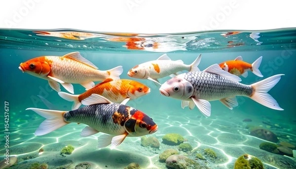 Fototapeta A school of colorful koi fish swims underwater in a sunlit pond, with a split view of the surface