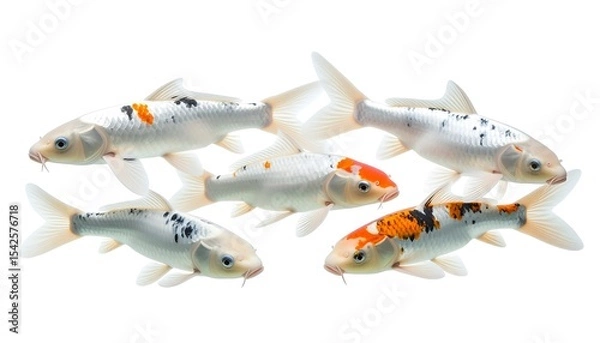 Fototapeta A school of five beautiful koi fish with white, orange, and black markings, isolated on a clean white background