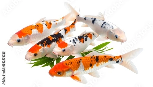 Fototapeta A school of five vibrant Japanese koi fish with orange and black patterns swims together on a white background