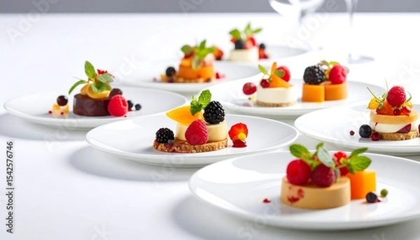 Fototapeta A selection of elegant, individual desserts garnished with fresh fruit, beautifully arranged on white plates
