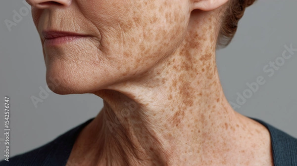 Obraz Sun damaged skin on neck and lower face of elderly person showing age spots and wrinkles with natural skin texture and signs of aging in closeup view