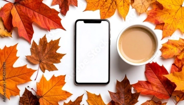 Fototapeta A smartphone with a blank screen is set in a cozy autumn flat lay, surrounded by vibrant fall leaves and a warm cup of coffee