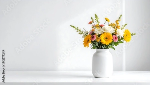 Fototapeta A vibrant bouquet of colorful spring flowers in a modern white vase, set against a clean white wall with ample copy space.