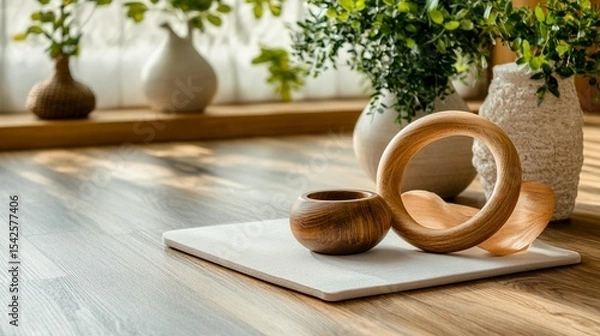 Fototapeta Wooden and ceramic decorative objects on a light-colored surface, beside plants in light-filled room