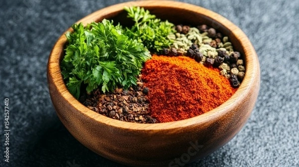 Fototapeta Wooden bowl filled with various spices and fresh herbs.  A mix of red powder, peppercorns, and parsley tops