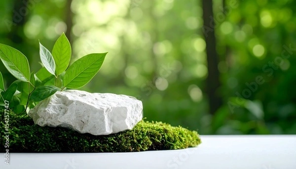Fototapeta A white stone rests on green moss with fresh leaves, creating a natural podium against a blurred forest bokeh background.