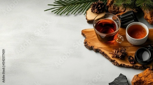 Fototapeta Wooden platter with teacups and natural elements.  Two teacups filled with tea, resting on a wooden board with pine cones, branches, and other natural items, on a light gray surface