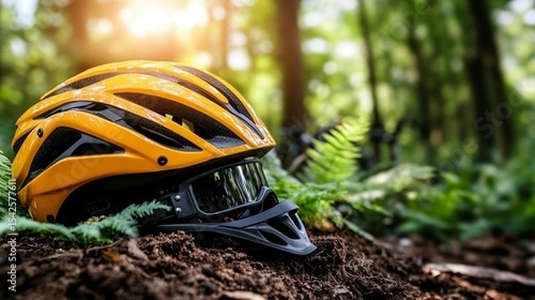 Fototapeta Yellow bicycle helmet resting on forest ground.  Bright sunlight filters through trees