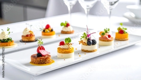 Fototapeta An assortment of exquisite, bite-sized gourmet canapés and desserts, elegantly arranged on white platters with fresh fruit.