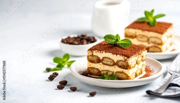 Fototapeta Classic Italian tiramisu dessert served in slices, dusted with cocoa powder and garnished with fresh mint on a bright table.