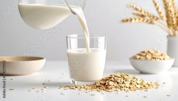 Fototapeta Oat milk is poured into a glass, surrounded by raw oats and wheat on a white table.