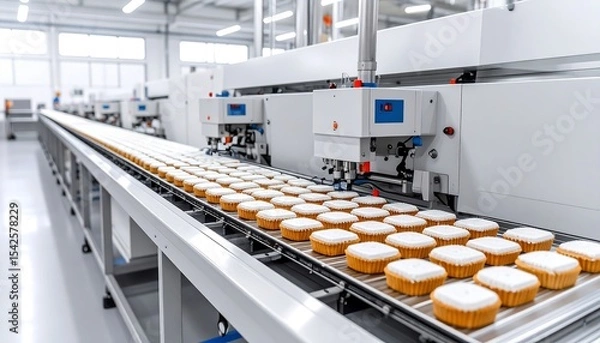 Fototapeta Rows of freshly made cakes move along an automated production line in a modern food factory.