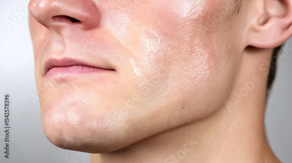Obraz Close up of male jawline with smooth skin and slight facial hair, showing natural skin texture and healthy complexion in soft lighting