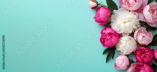 Fototapeta Vibrant Peonies in Pink and White Against a Soft Teal Background