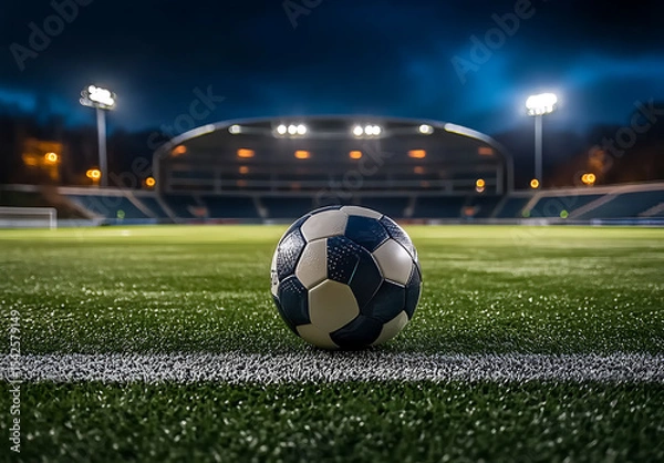 Fototapeta Soccer Ball on Illuminated Stadium Field at Night
