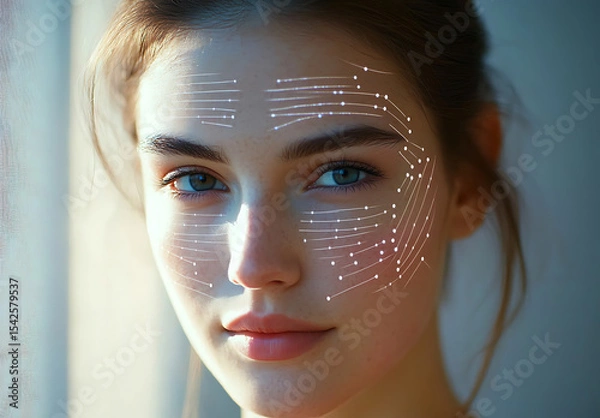Fototapeta Facial Recognition Technology Displayed on Human Face