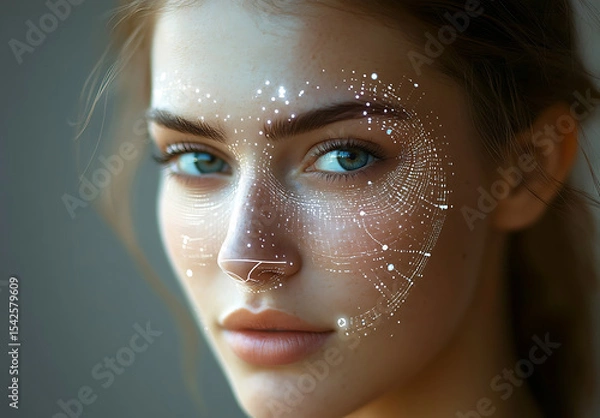 Fototapeta Facial Recognition Technology Displayed on Human Face