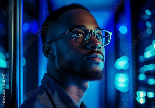 Fototapeta Man in glasses looking contemplatively in a blue-lit environment