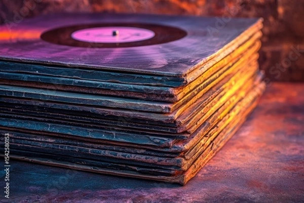 Fototapeta A stack of old vinyl records, showcasing a vintage music collection bathed in warm and cool lighting.