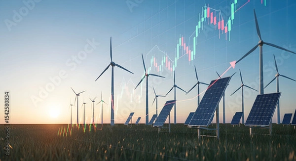 Fototapeta Renewable energy, Wind turbine, Wind turbines, Renewable Energy Investment Growth - Wind Turbines and Solar Panels with Stock Market Graph