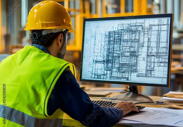 Fototapeta Engineer in safety gear reviews architectural plans on a computer screen