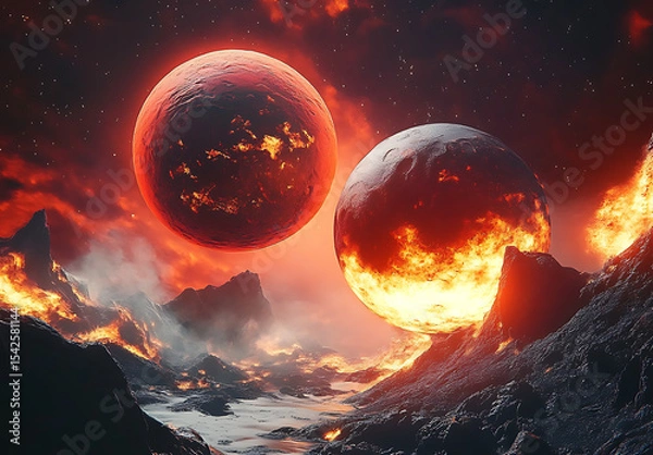 Fototapeta Fiery Planets Hover Over a Volcanic Landscape