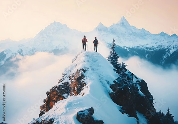 Fototapeta Two hikers stand atop a snowy mountain peak, overlooking a sea of clouds and distant snow-capped mountains.