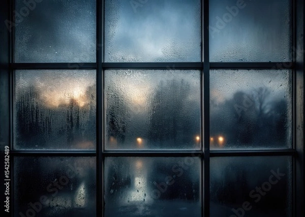 Fototapeta Dark fog settles on a glass windowpane at dusk