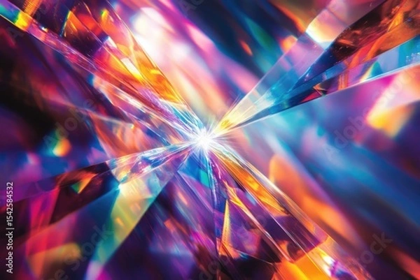 Fototapeta Abstract image of colorful light rays emanating from a central bright point, creating a dynamic and vibrant display of refracted colors.