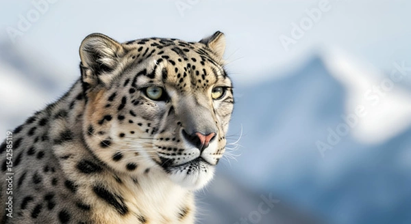 Fototapeta Snow leopard, Leopard, Big cat, Majestic Snow Leopard Portrait Against Mountain Background