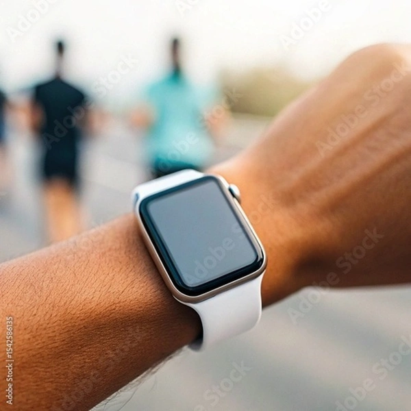 Obraz A close-up of a person's wrist wearing a white smartwatch with a black screen, suggesting fitness tracking or activity monitoring, with blurred figures running in the background.