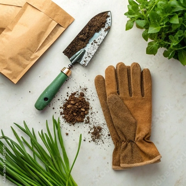 Obraz A flat lay of gardening tools and plants on a white surface, including a trowel with soil, brown gloves, seed packets, chives, and leafy greens, depicting a spring gardening theme.