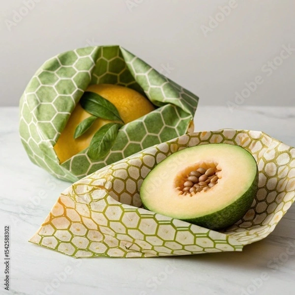 Obraz Two reusable beeswax wraps, one holding a lemon with basil leaves, the other a halved honeydew melon, are placed on a white marble surface.