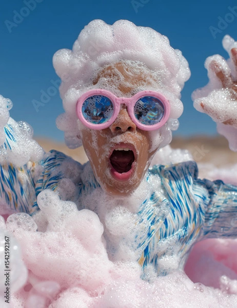 Obraz Shocked woman covered in pink foam – playful summer portrait with retro sunglasses and vibrant surprised expression.