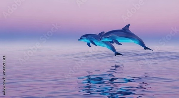 Fototapeta Two dolphins leaping out of the water at sunset with reflections on the surface of the ocean water