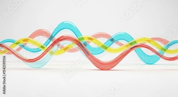 Fototapeta Colorful wavy lines of red yellow and blue glass on a white surface in a studio setting with soft light