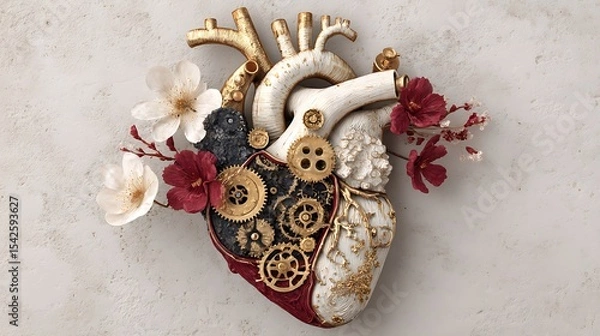 Obraz Heart divided into gears and flowers Half mechanical, half natural, on a white or textured background