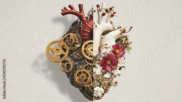 Obraz Heart divided into gears and flowers Half mechanical, half natural, on a white or textured background