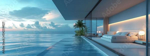 Fototapeta Luxurious Underwater Hotel Bedroom With Panoramic Ocean View and Minimalistic Design for Ultimate Relaxation