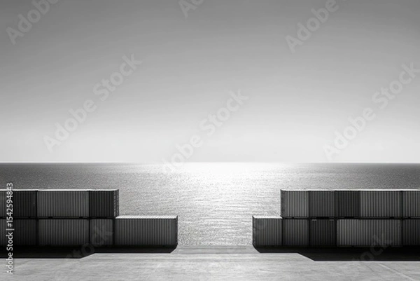 Fototapeta Minimalist black and white shot of shipping containers framing a shimmering ocean backdrop under a clear sky.