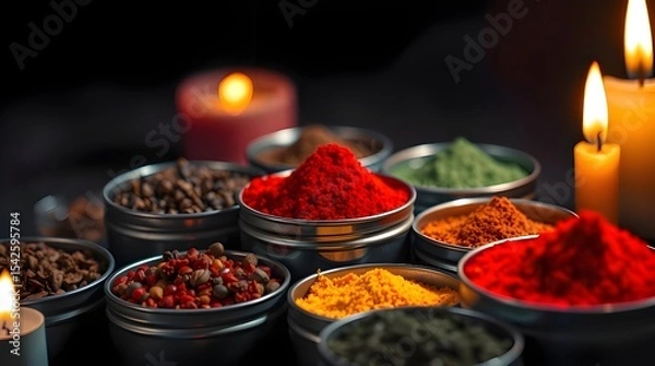 Fototapeta A charming close-up of colorful spices in metal tins on a dark background, illuminated by warm candlelight, emphasizing the flickering flames and adorable, cute features 
