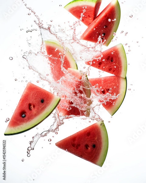 Fototapeta Floating red and green watermelon pieces midair, captured in detail to show freshness and vibrant fruit texture on an isolated white canvas