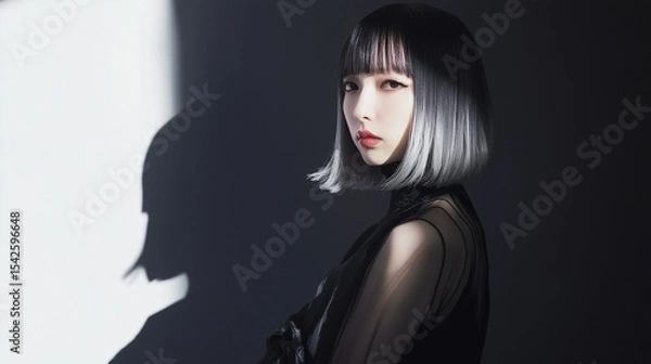 Obraz 黒いドレスを着たボブヘアーの魅惑的な女性