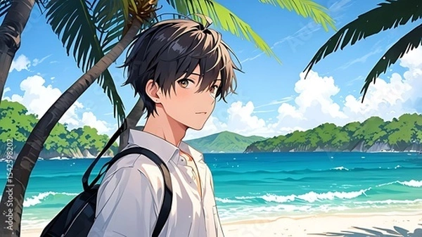 Fototapeta Anime art of a handsome man on a tropical beach with a serene, dreamy expression.