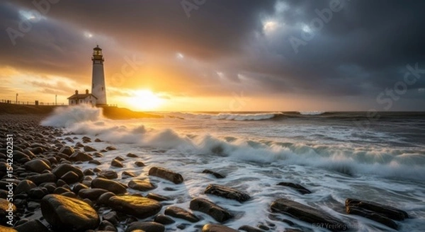 Fototapeta A lighthouse stands tall against a dramatic sunset sky overlooking a rocky beach and crashing waves