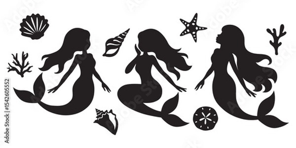 Fototapeta Mermaids and seashells silhouette vector illustration in various poses.