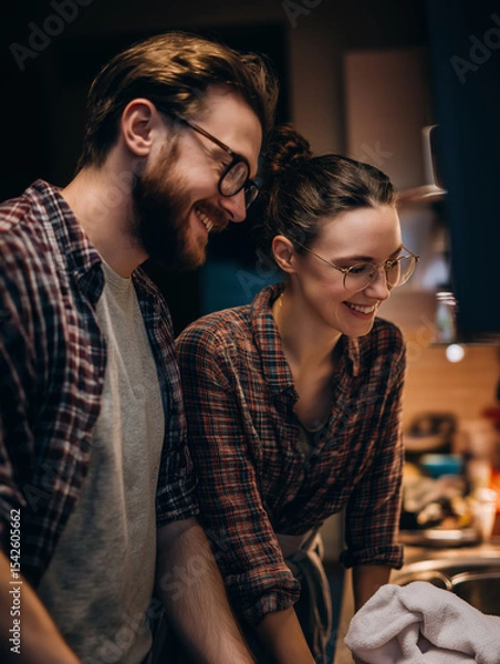 Obraz A smiling couple wearing glasses and plaid shirts enjoy a moment together in a cozy kitchen setting.