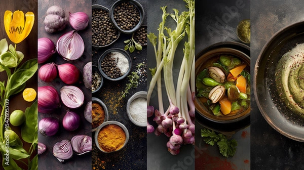Obraz A vibrant collage of fresh ingredients including flowers, red onions, spices, garlic, a stew, and a bowl of soup artfully arranged on dark surfaces.